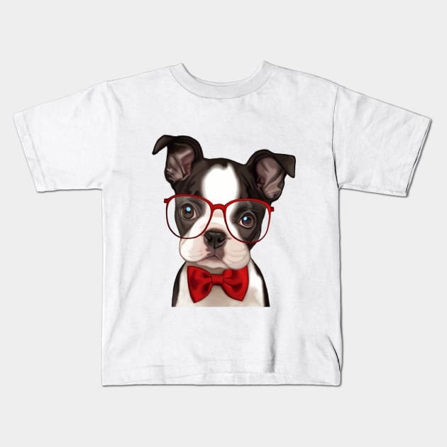 Boxer Puppy wearing Red Glasses and Bow Tie Kids T-Shirt by tfortwo